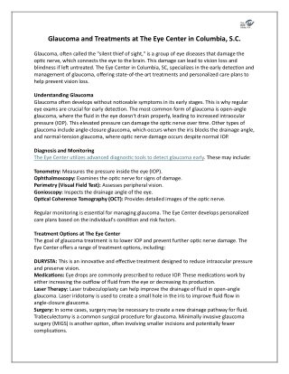 Glaucoma and Treatments at The Eye Center in Columbia, S.C.