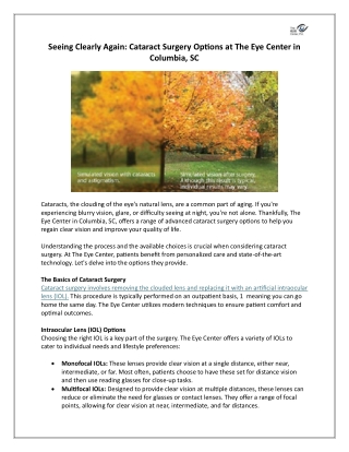Seeing Clearly Again: Cataract Surgery Options at The Eye Center in Columbia, SC