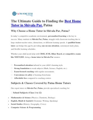 Home Tutor in Shivala Par Patna