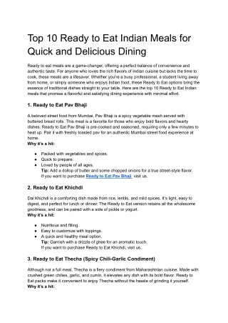 Top 10 Ready to Eat Indian Meals for Quick and Delicious Dining