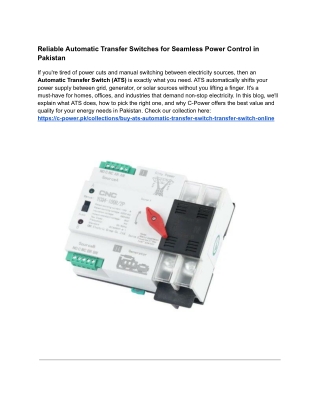 Reliable Automatic Transfer Switches for Seamless Power Control in Pakistan