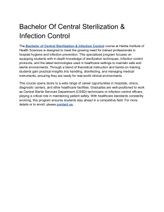 bachelor of central sterilization infection