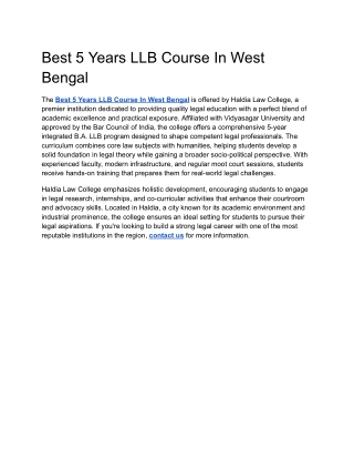 Best 5 Years LLB Course In West Bengal