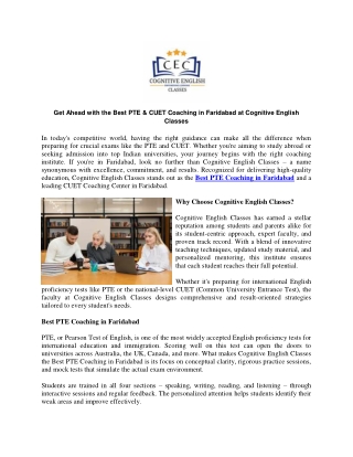Get Ahead with the Best PTE  CUET Coaching in Faridabad at Cognitive English Classes