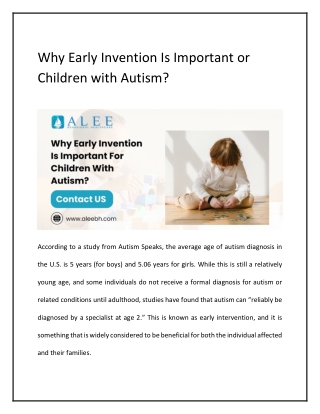 Why Early Invention Is Important For Children With Autism