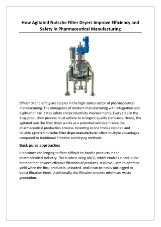 How Agitated Nutsche Filter Dryers Improve Efficiency and Safety in Pharmaceutical Manufacturing