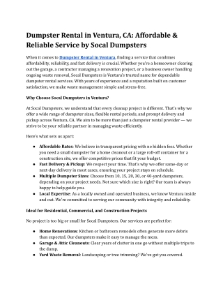 Dumpster Rental in Ventura, CA: Affordable & Reliable Service by Socal Dumpsters