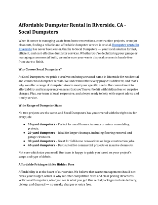 Affordable Dumpster Rental in Riverside, CA - Socal Dumpsters