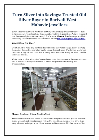 Top-Rated Old Silver Buyer in Borivali West – Mahavir Jewellers