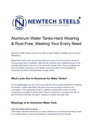 Aluminum Water Tanks-Hard Wearing & Rust-Free, Meeting Your Every Need