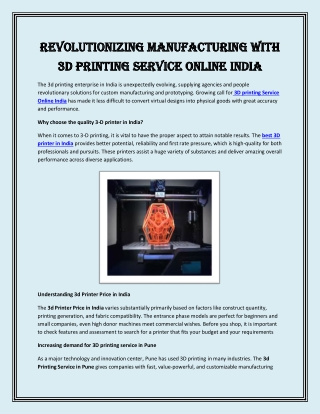Revolutionizing Manufacturing with 3d Printing Service Online India