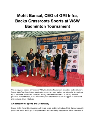 Mohit Bansal, CEO of GMI Infra, Backs Grassroots Sports at WSW Badminton Tournament