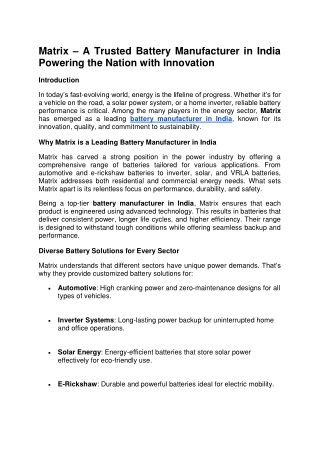 matrix a trusted battery manufacturer in india