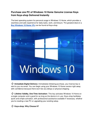 Purchase one PC of Windows 10 Home Genuine License Keys from Keys-shop Delivered Instantly