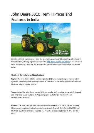 John Deere 5310 Trem III Prices and Features in India