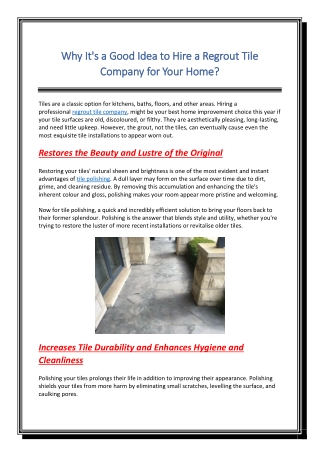 Why Its a Good Idea to Hire a Regrout Tile Company for Your Home
