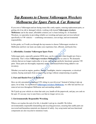 Top Reasons to Choose Volkswagen Wreckers Melbourne for Spare Parts & Car Removal