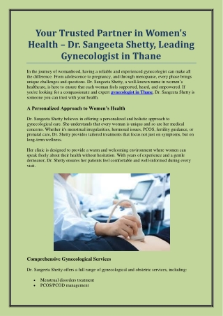 Top Gynecologist in Thane for Women’s Health – Dr. Sangeeta Shetty