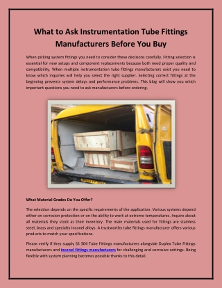 What to Ask Instrumentation Tube Fittings Manufacturers Before You Buy