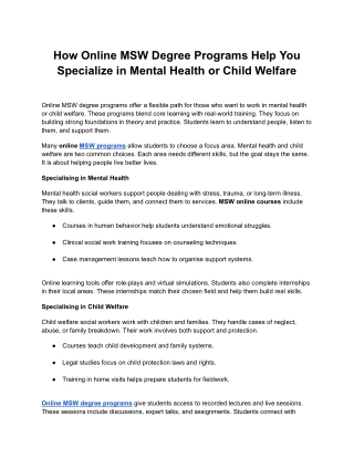 PU Online- How Online MSW Degree Programs Help You Specialize in Mental Health or Child Welfare