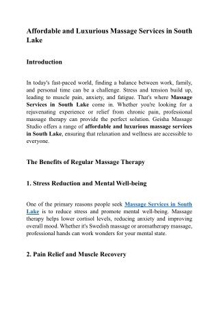 Affordable and Luxurious Massage Services in South Lake