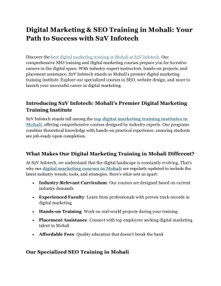 best digital marketing training in Mohali at S2V Infotech