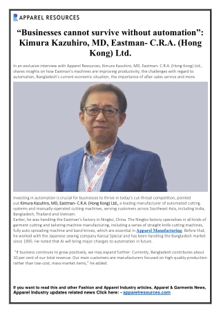 Businesses cannot survive without automation - Kimura Kazuhiro, MD, Eastman- C.R.A. (Hong Kong) Ltd.