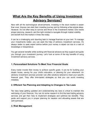 What Are the Key Benefits of Using Investment Advisory Services