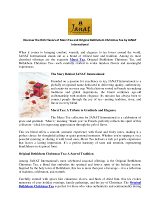 Discover the Rich Flavors of Merci Tea and Original Bethlehem Christmas Tea by JANAT International