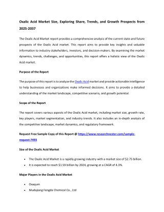 Oxalic Acid Market 2025-2037 | To Know Drivers and Opportunities in the Industry