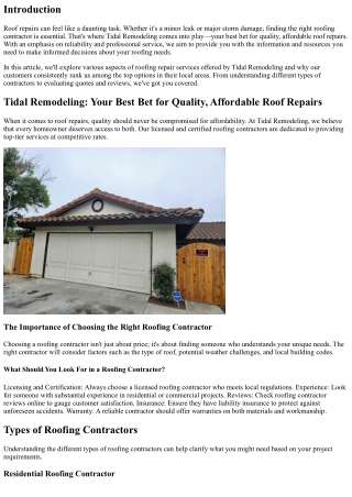 Tidal Remodeling: Your Best Bet for Quality, Affordable Roof Repairs