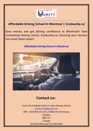 Affordable Driving School In Montreal Ecoleunity.ca