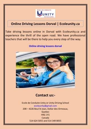 Online Driving Lessons Dorval  Ecoleunity.ca