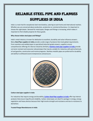 Reliable Steel Pipe and Flanges Suppliers in India