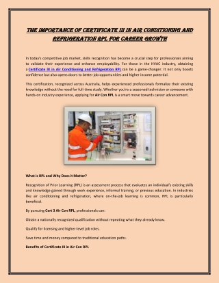 The Importance of Certificate III in Air Conditioning and Refrigeration RPL for