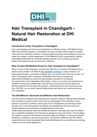 Hair Transplant in Chandigarh - Natural Hair Restoration at DHI Medical