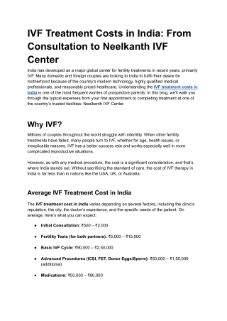 IVF Treatment Costs in India: From Consultation to Neelkanth IVF Center