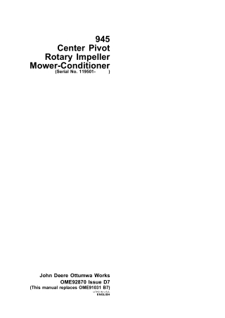 John Deere 945 Center Pivot Rotary Impeller Mower-Conditioner (Serial No.119501-) Operator’s Manual Instant Download (Pu