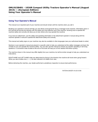 John Deere 1026R Compact Utility Tractors (European Edition) Operator’s Manual Instant Download (Publication No. OMLVU28