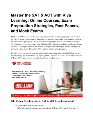 Master the SAT & ACT with Kiya Learning Online Courses, Exam Preparation Strategies, Past Papers, and Mock Exams