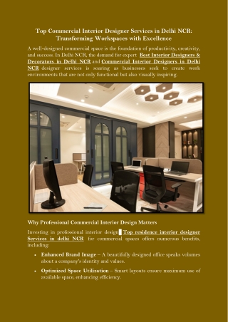 Top Commercial Interior Designer Services in Delhi NCR Transforming Workspaces with Excellence