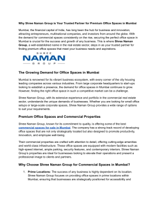 Why Shree Naman Group is Your Trusted Partner for Premium Office Spaces in Mumbai