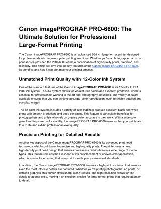 Canon imagePROGRAF PRO-6600: Redefining Precision and Speed