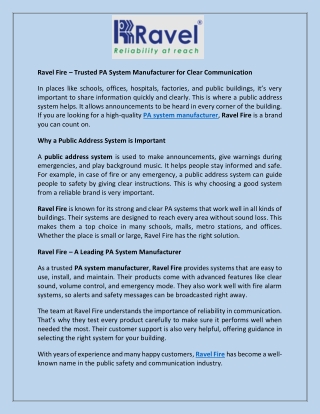 Ravel Fire – Trusted PA System Manufacturer for Clear Communication