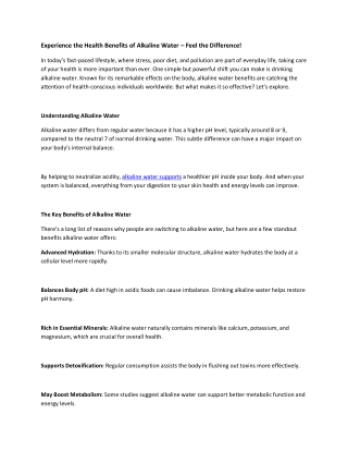 Experience the Health Benefits of Alkaline Water