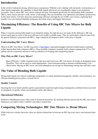 Optimizing Performance: The Advantages of Using IBC Tote Mixers for Bulk Liquids