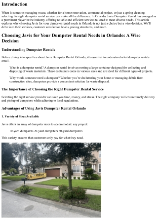 Choosing Javis for Your Dumpster Rental Needs in Orlando: A Wise Decision