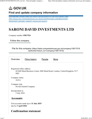 2 - SARONI DAVID INVESTMENTS LTD overview - Find and update company information - GOV.UK