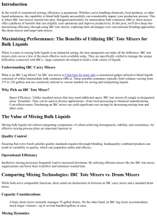 Making the most of Performance: The Advantages of Using IBC Tote Mixers for Bulk