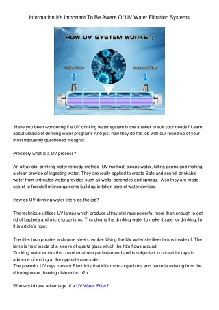 InformationItsImportantToBeAwareOfUVWaterFiltrationSystems
